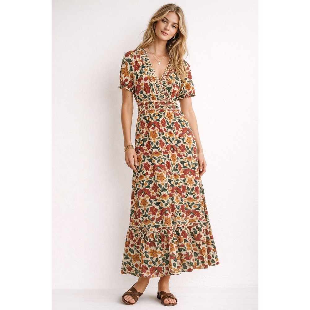 Long Tall Sally Floral Maxi Dress Womens US 6 Rust Gold Boho Smocked Waist NWT
